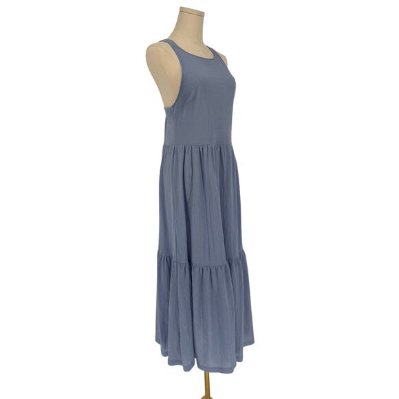 MANGO Light Blue Chambray Cross Back Tiered Midi Dress, Size 8 - Picture 2 of 6